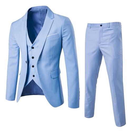 Mens 3 Piece Slim Fit Suit Set, One Button Blazer Solid Jacket Vest Pants Wedding Business, Suits for Men, Complete Outfits Sky Blue