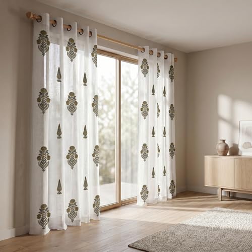 Image of LINENWALAS Decorative Cotton Linen Sheer Curtains 7 Feet for Door -Block Printed Door Curtain | Grommet Hanging Style Pack of 2 Panels |Light Filtering Sheer Drapes (Golden Meadow)