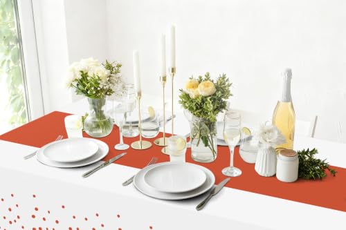 Image of Smiry Plastic Table Cloth Disposable 3 Pack, 54 x 108 Inch Rectangle Waterproof Tablecloth, Printed Gold Table Runner Style for Birthday, Party Decorations, Leakproof & Sturdy, White and Terracotta
