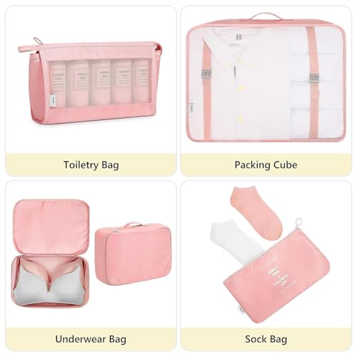 Image of Nylon 7 Pcs Travel Organizer Pouch Packing Cubes For Travel Clothes Space Savers Bags Cosmetics /Underwear /Socks /Shoes Toiletry Organiser Pouch (Pink)