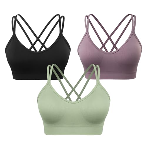 Image of VEQKING Strappy Cross Back Women Sports Bra Pack for Medium Support Workout | Removable Padded Cups, Spaghetti Strap, Comfort Seamless Wirefree, Soft Breathable Fabric, for Gym /Yoga /Pilates /Walking /Daily