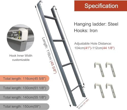 Échelle de lit superposé anti-glisse de 116 cm pour lit de remplacement - 3