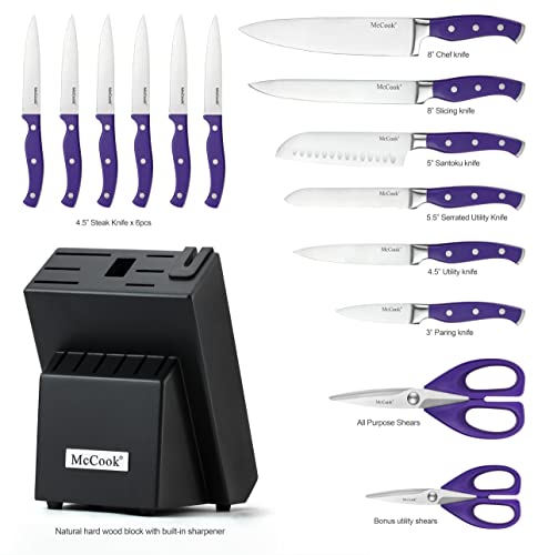 Image of McCook MC27 14 Pieces Stainless Steel kitchen knife set with Wooden Block, Kitchen Scissors and Built-in Sharpener, Purple