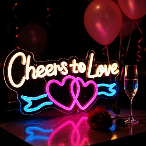 Image of Cheers to Love Valentine Neon Sign, USB Powered Neon Signs with Dimmer and Sticky Hook, Hanging LED Light Sign Decorations, Home Decor for Bedroom Wedding Party Wall 16.54 * 7.87 inch