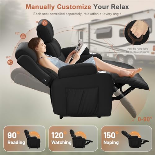 Image of Loveseat Recliner Sofa, Home Theater Seating with Massage, Reclining Loveseats with Console, Wall Hugger RV Couch Movie Theater Chairs, RV Furniture Sofas with USB, Cup Holders, Drawer for Gaming Room