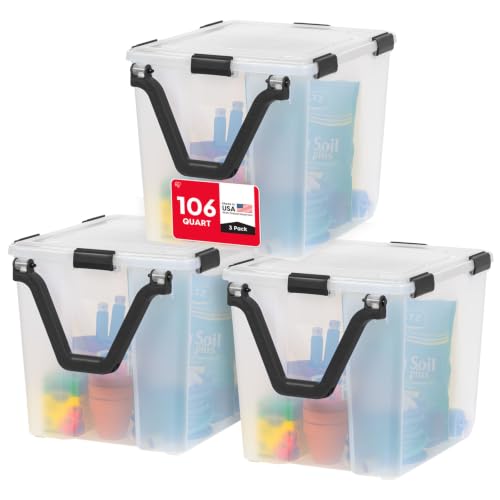 IRIS USA 106 Quart WEATHERPRO Wheeled Plastic Storage Bin Tote Organizing Container with Durable Lid and Seal and Secure Latching Buckles, Clear/Black, 3 Pack