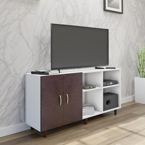Image of VIKI Modern TV Unit for Living Room | Engineered Wood TV Cabinet with 2 Door Storage & 2 Open Shelves, Entertainment Unit, 140W x 74H x 40D cm | DIY | 1 Year Warranty (White & Wenge)