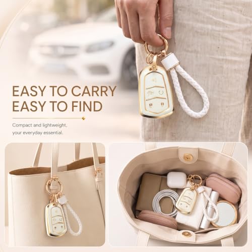 Image of Key Fob Cover for Cadillac, White Braided Loop Keychain, Gold Edge