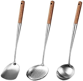 Wobekuy Wok Spatula and Ladle,Skimmer Ladle Tool Set, 17Inches Spatula for Wok, 304 Steel Wok Spatula