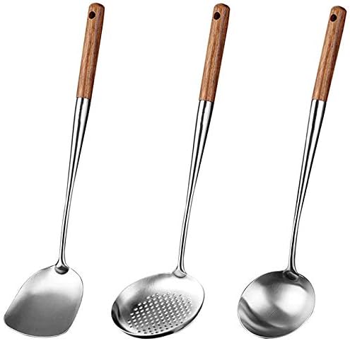 Jcevium Wok Spatula and Ladle Skimmer Ladle Tool Set 17Inches Spatula for Wok, 304 Steel Wok Spatula Chinese Cooking Tools