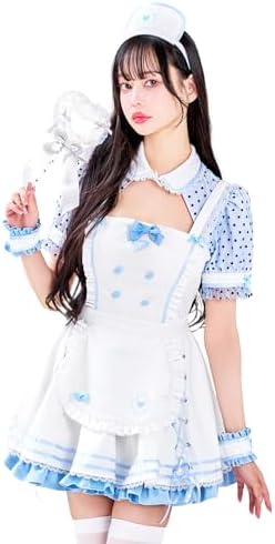 [Malymoon] コスプレ ホワイトデー ナース 看護師 ドット ホワイト ブルー 白 青 フリル 衣装 仮装 マリームーン 6点セット 10209-2 詳細画像1