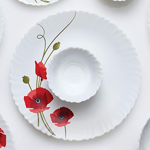Image of Larah by Borosil Fluted Series Red Carnation Opalware Dinner Set | 6 Piece for Family of 2 | Microwave & Dishwasher Safe | Bone-Ash Free | Crockery Set for Dining & Gifting | Plates & Bowls | White