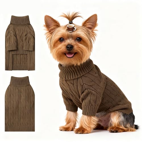 Image of Small Dog Thermal Pullover Sweater, Classic Turtleneck Cable Knitwear Dog Clothes for Cold Weather Warm Pet Clothes for Chihuahua, Bulldog, Dachshund, Pug Tan Small