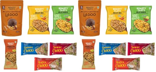 Image of Roasty Tasty Assorted Healthy Snacks & Sweets Combo | Orange Millet Ladoo, Chikki & Roasted Namkeen Mix | Sugar Free Sweets Alternative to Chocolate | Palm Oil Free Snacks for Adults | Healthy Gifting Hamper