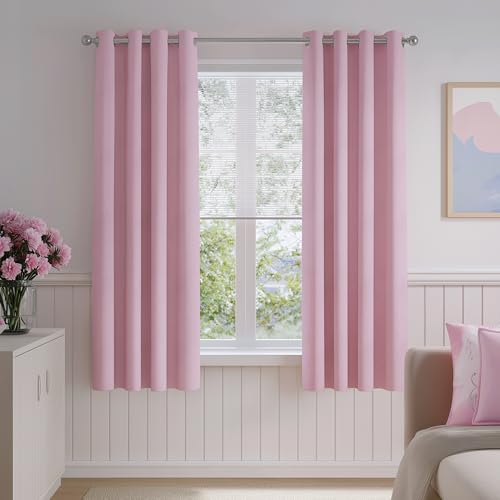 Image of FMFUNCTEX 100% Blackout Curtains for Bedroom, Pink Curtains 54 Inches Long Textured Thermal Insulated Curtains for Living Room Drapes, Black Out Drapery Grommet Room Darkening 2 Panels