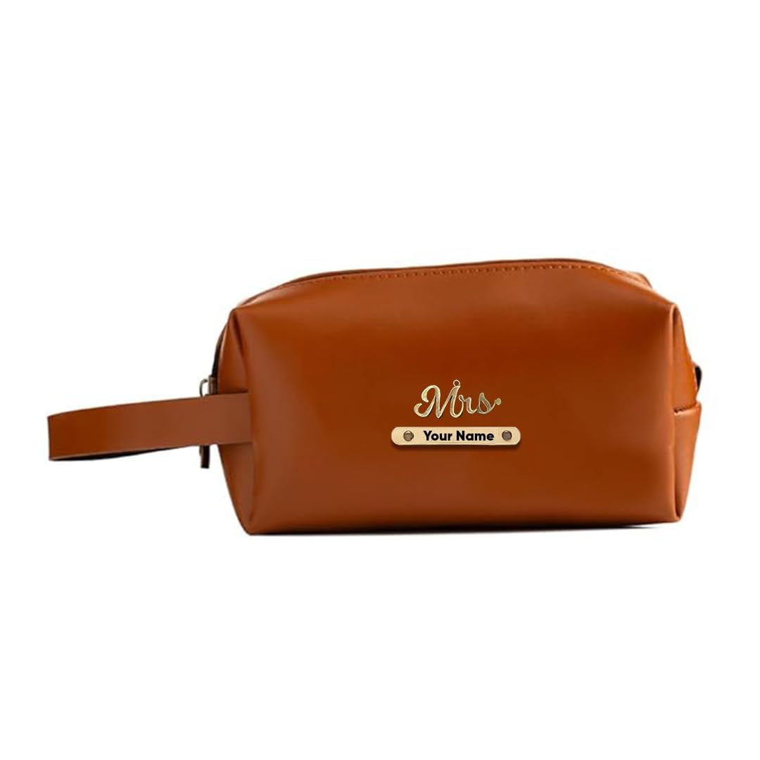 LASER GURU Personalized Multipurpose Utility Pouch/Cosmetic Bag for Women/Travel Makeup Pouch/Skincare Organiser/Shaving Toiletry Bag for Men- Vegan Leather Customised Case with Name & Charm- Tan-image-45