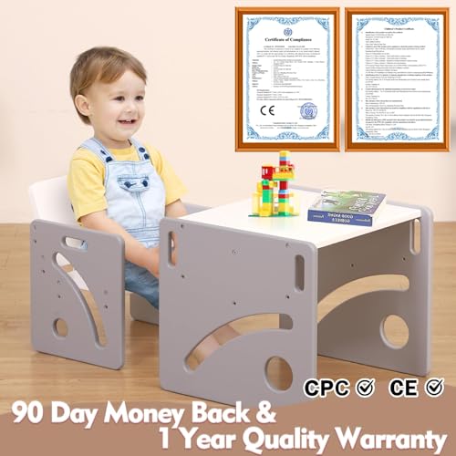 Image of FUNLIO Height Adjustable Toddler Table and Chair Set for Age 1-3, Quality Solid Wood Montessori Table and Chair Set, Weaning Baby Table Chair Set, Easy to Assemble, CPC Certified - Grey