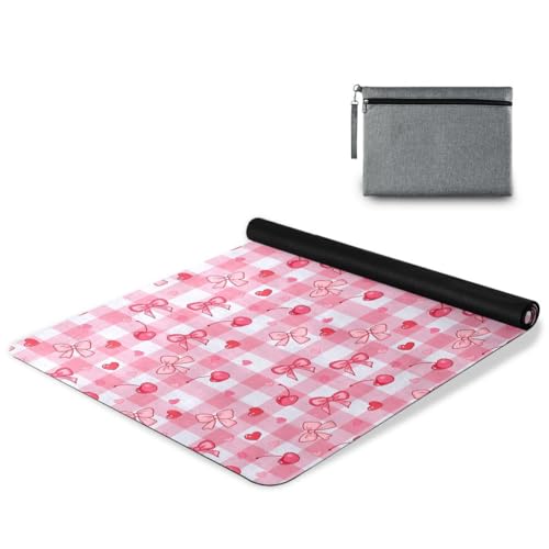 ALAZA Pink Checkered Background Cherry Bow Pattern Yoga Mat Non Slip Fitness Exercise Mat, Workout Mat for Yoga, Pilates and Floor Exercises
