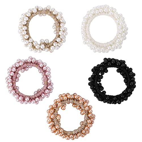 5Pcs Pearl Hair Ties Elastic Hair Scrunchies Fancy Stretchy Rhinestone Hair Bands Bead Ponytail Holders Hair Ropes Hair Accessories For Women And Girls Gift (Champagne Pink Pearl White Black White) #TOP4