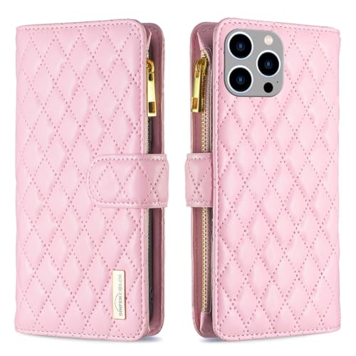Étui portefeuille iPhone 16 Pro Max rose avec grille en cuir et fermeture