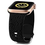 Sea Turtle Engraved Sport Strap Compatible with Apple Watch Band 38mm 40mm 41mm, Women Cute Laser Soft Silicone Printed Pattern Replacement iWatch Band Series 7 6 5 4 3 2 1 SE (Black Smiley)