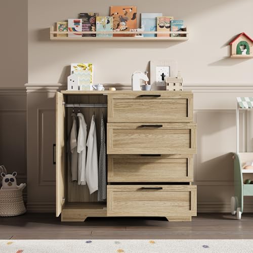 GarveeHome Wood Armoire Wardrobe Closet with 4 Drawers and Door, 43.3" H Bedroom Wardrobe Cabinet with Hanging Rod, Clothing Storage Cabinets, 4 Drawers Dresser with Storage Closet, Natural Oak