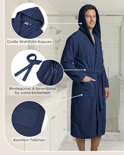 LAYNENBURG Bademantel Herren Frottee aus 100% Baumwolle - OEKO TEX Standard - weicher Morgenmantel waden-lang mit Kapuze, Bindegürtel und aufgesetzten Taschen - für Sauna & Zuhause (M blau)