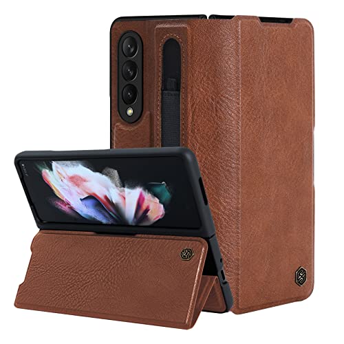 Nillkin Galaxy Z Fold 3 Phone Case with S Pen Holder, Leather Protective Cover with Stand, Heavy Duty, Shockproof Smartphone Protector, Brown