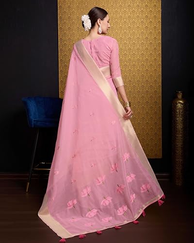 Image of SWORNOF Womens Linen Silk Saree | Saree for Women With Unstitched Blouse | Saree with Blouse Piece | Soft and Skin Friendly