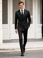 UNINUKOO Herren-Smokinganzug, 2-teilig, Nadelstreifen, zweireihig, schmale Passform, formelles Kleid, Blazer, Jacke, Hose, Schwarz, M – Ansicht 2