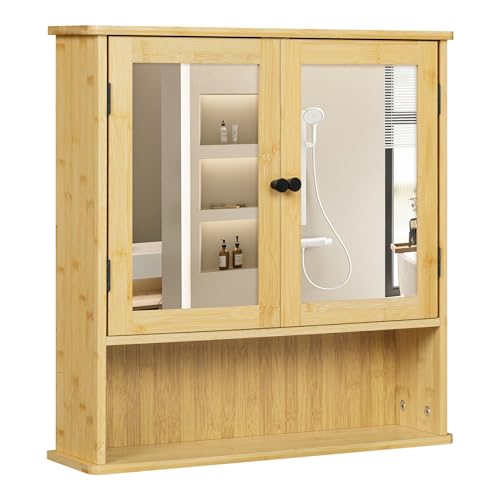 EUGAD Armario Baño de Bambú, Armario Baño Pared con Puertas de Espejo, Mueble con 1 Estante Ajustable y 1 Compartimiento Abierto, Cocina y Dormitorio, 56x14x58 cm