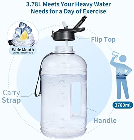 UTEBIT 1 Gallon Water Bottle with Straw, 3.78L Large Motivational Water Jug with Insulated Sleeve Built In Mesh Pocket for Men Women in Gym Fitness Outdoor Camping, BPA Free & Leak-Proof