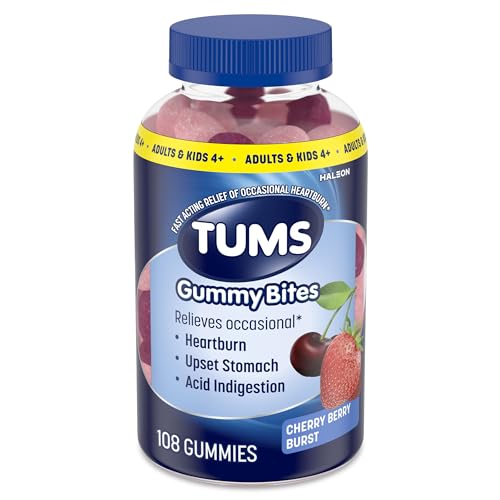 TUMS Gummy Bites Dietary Supplement for Occasional Heartburn Relief, Upset Stomach and Acid Indigestion, Cherry Berry Burst - 108 Count