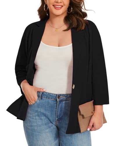 LADI TREND Blazer mit 3/4-Ärmeln, Übergröße, gekerbtes Revers, halb gefütterte Jacken für Damen, UK-Anzüge und Blazer, Ein-Knopf-Down mit eingesetzten Taschen, für Tag und Nacht, B-schwarz, XXL Große