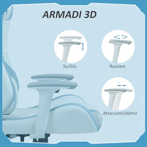 Sedia da Gaming in Finta Pelle Reclinabile a 135°, Sedia per Scrivania Stile Racing con Supporto Lombare, Poggiatesta e Altezza Regolabile, Azzurro - Sedia gaming - Immagine 5