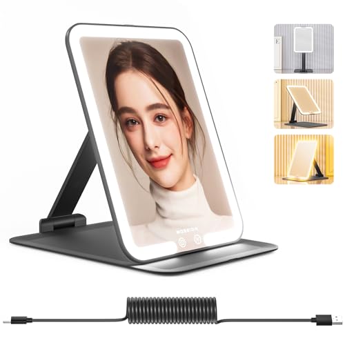 WOBSION Travel Makeup Mirror, 7.4 * 5.1in Rechargeable Portable Folding Makeup Mirror with Lights, 3 Colors Light Up Mirror with 48 LEDs,Dimmable,Multiple Angles and High Adjustable,Gift,Black