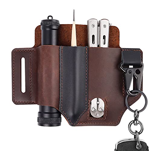 Multitool Lederscheide, ZIJANG Dark Brown EDC Lederscheide, EDC Beutel aus Rindsleder, 3 Aufbewahrungstaschen und ein Karabiner zum Transportieren von Werkzeugen beim Camping im Freien Cover