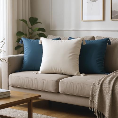 Image of Urban Space Decorative Cotton Cushion Cover Set of 3, 16 Inch X 16 Inch Cushion Covers for Sofa, Bedroom, Living Room (Sailor Stripe Dark Teal & Fence Grey, Set of 3)