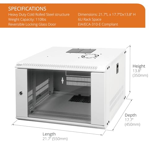 Tecmojo 6U Wall Mount Rack Network Cabinet for 19”IT Equipment,with Lockable Glass Door and Side Panels,Cooling Fan,450mm Depth,White (6U)