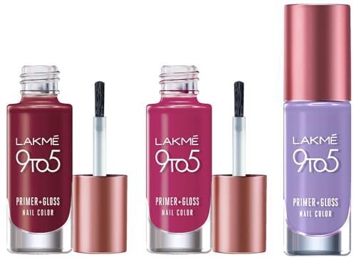 Image of Lakme 9 To 5 Primer + Glossy Finish Nail Colour, Magenta Mix, 6 Ml & Lakme 9 To 5 Primer + Glossy Finish Nail Colour, Lilac Link, 6 Ml