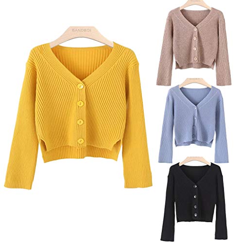 Fankle Sale Women's Button Down V Neck Long Sleeve Cropped Soft Sweater Knit Cardigan Coat(Khaki,Free Size)