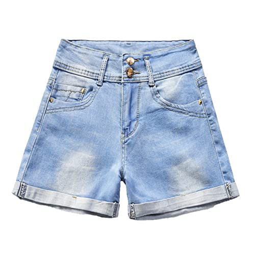 Denim Shorts for Women Summer Rolled Up Stretchy Hot Short Pants Stretchy Frayed Casual Hot Pockets Mid Waisted (34,Light Blue)