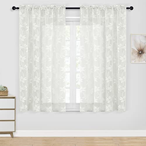 DWCN Sheer Curtains - Ivory White Short Curtains Floral Lace
