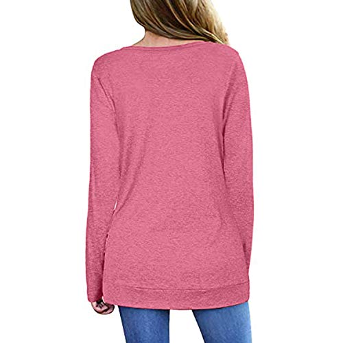 Women Long Sleeve Shirts Loose Side Button Trim Blouse Classic Color Patchwork V-Neck Tunic Pullover Tops Pink - Thumbnail 2