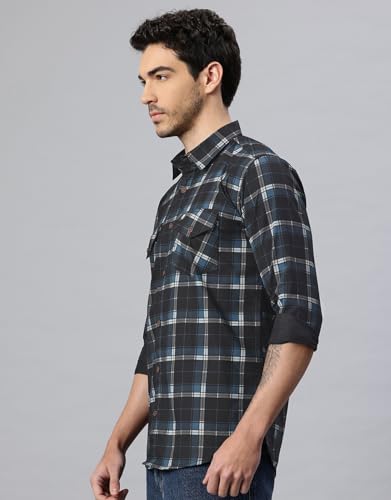 Image of Majestic Man Men's Pure Cotton Cargo Checks Shirt with Dual Flap Pockets - Slim Fit | Full Sleeve | Casual Wear | Trendy & Comfortable