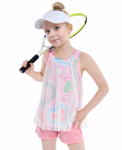 Image of Gogokids Girls 2 Piece Activewear Set, Tulle Sleeveless Tank Tops and Athletic Shorts