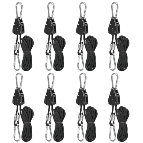 Corde à Cliquet avec Crochet 8 Pcs TIMESETL Poulie a Cliquet 150 Livres Tendeur de Corde a Cliquet, Crochet Reglable Sangle a Cliquet pour Lampe Plante, Voile...