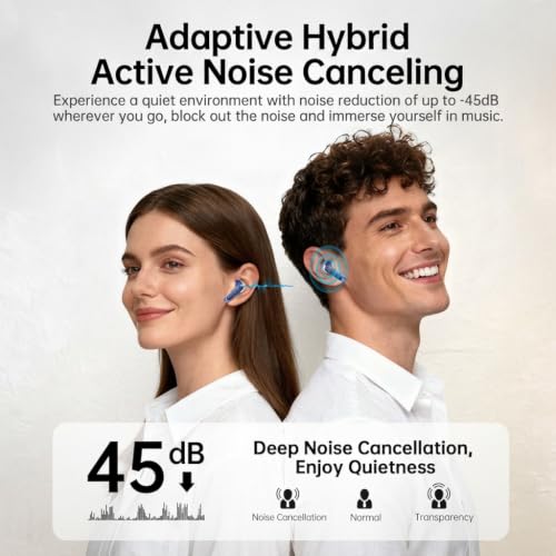 Image of xinwld Adaptive Hybrid Active Noise Canceling 2026 Wireless Earbuds, 6 Mics ENC Clear Call Ear Buds, Hi-Res Audio Deep Bass Bluetooth 5.4 Headphones, 40H, LED, for Sports Running Gym Workout, Blue