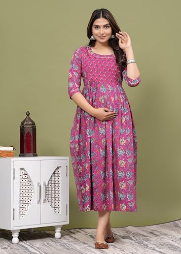 Image of Women's Feeding Kurta Cotton | Floral Anarkali Pregnancy Kurta with Nursing Zipper | Pre & Post Partum | Maternity Dresses | Mom to Be Gift
