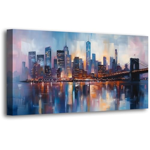Image of Abstraction Pictures Canvas Wall Art for Living room Office Bedroom Wall Decor,City Wall Art Print Paintings Modern Blue Great bridge Artwork Waterproof Ready to Hang-20x40inch